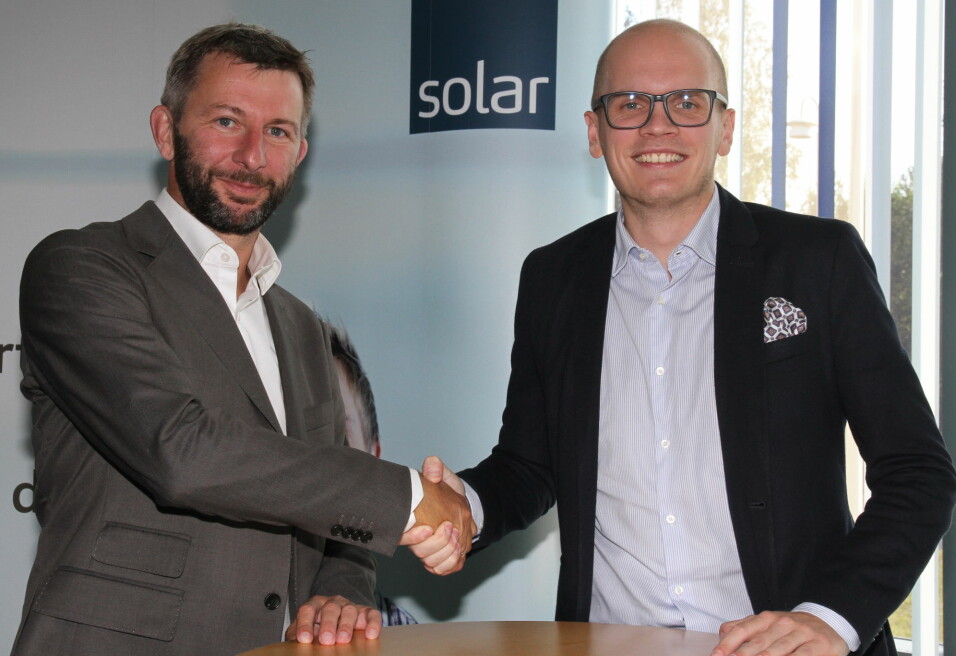 Her er Svein Haakon Land-Hagen sammen med Thomas Skovli da han i fjor høst ble ansatt for å lede sikkerhetssatsingen i Solar Norge. Skovli er direktør for forretningsutvikling.
