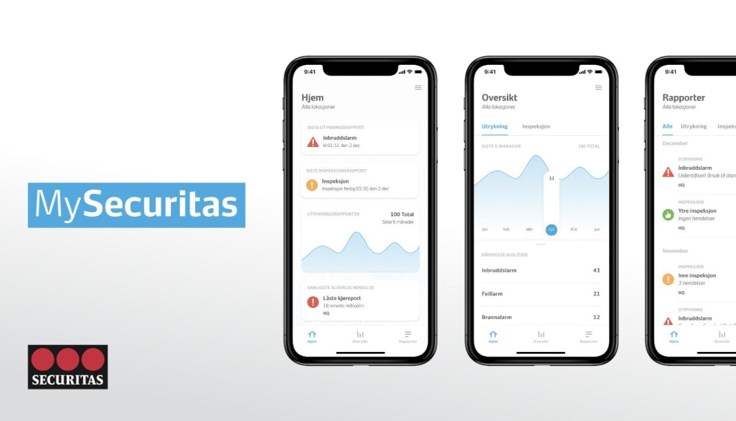 Her vises eksempler på hva appen MySecuritas byr på. Her vises eksempler på hva appen MySecuritas byr på.